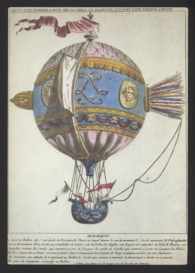 Conception pour un ballon de 120 pieds de diamètre pour une ascension depuis Dijon (gravure en couleur) - (after) French School