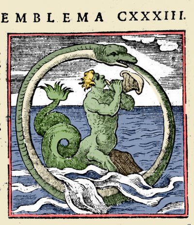 Un triton et un ouroboros, illustration "Emblemata" par Andrea Alciati - (after) Italian School