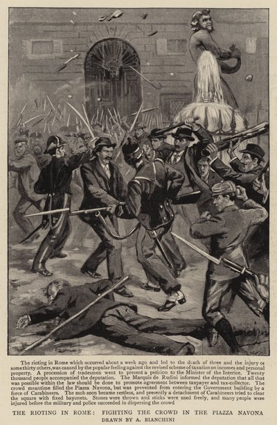 Les émeutes à Rome, combattant la foule sur la Piazza Navona - (after) Italian School