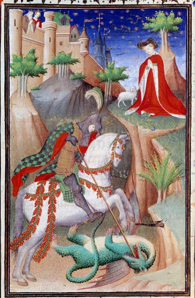 Page du manuscrit Les Très Riches Heures du Duc François de Guise enluminé par le Maître de Boucicaut : représentation de Saint Georges et le Dragon. 15e siècle. Musée Condé, Chantilly - (and workshop) Boucicaut Master