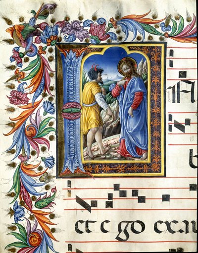 Lettrine décorée représentant la tentation du Christ. Miniature par Liberale da Verona (1445-1529) d