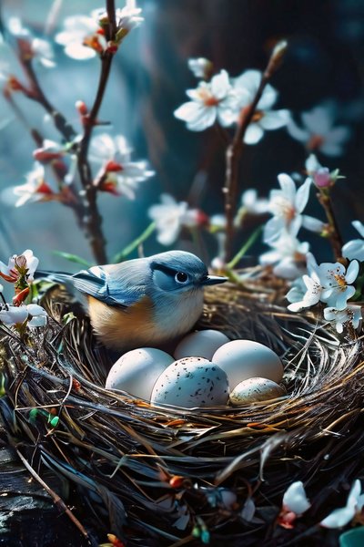 Oiseau couvant des œufs entouré de fleurs blanches - F. Abderrahim