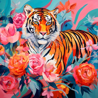 Peinture abstraite Pivoine Rose et tigre, couleurs vives, idées de décoration murale - F. Abderrahim