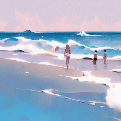 People on the Beach Minimalist Watercolor with Waves, Wall Decor for sale - F. Abderrahim