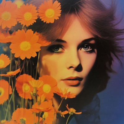 portrait de femme vintage et fleurs, A Retro Floral Vision, online art prints - F. Abderrahim
