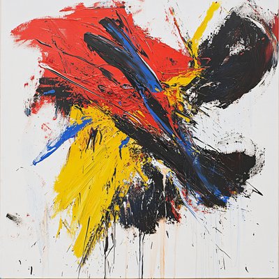 Peinture abstraite colorée à coups de pinceau, rouge, bleu, jaune et noir ; impressions sur toile - F. Abderrahim