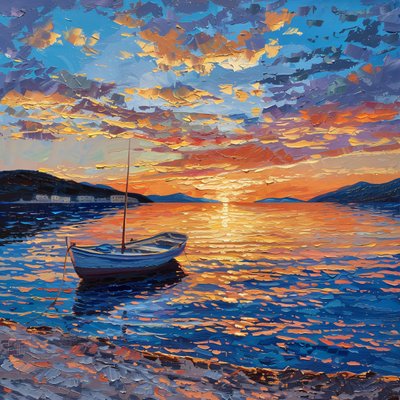Bateau sur la rivière au coucher du soleil Belle, Dalmatie, Croatie Huile sur toile, Décoration murale à vendre - F. Abderrahim