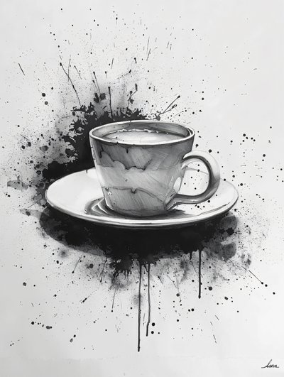 Scène noire minimaliste en ligne unique avec des taches de café, tirages d
