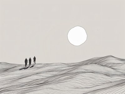 Esquisse minimaliste, hommes marchant dans une procession au soleil du désert, tirages d