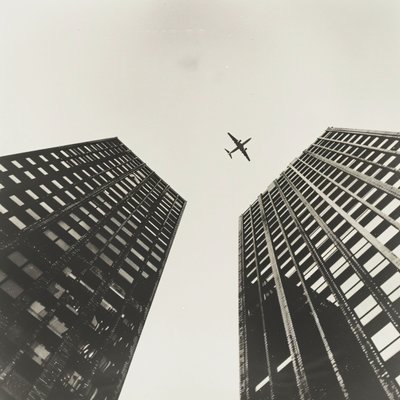 Avion traversant les deux tours, photographie avec  noir, tirages d