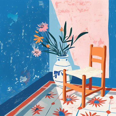 Plantes et chaise mexicaine avec vase en céramique, toiles d