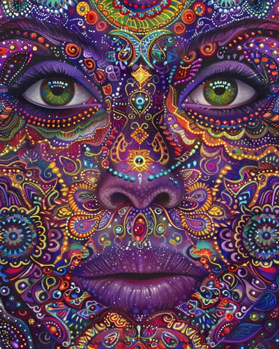 Femme psychédélique au visage coloré, motifs spirituels et mandalas, reproductions sur toile - F. Abderrahim