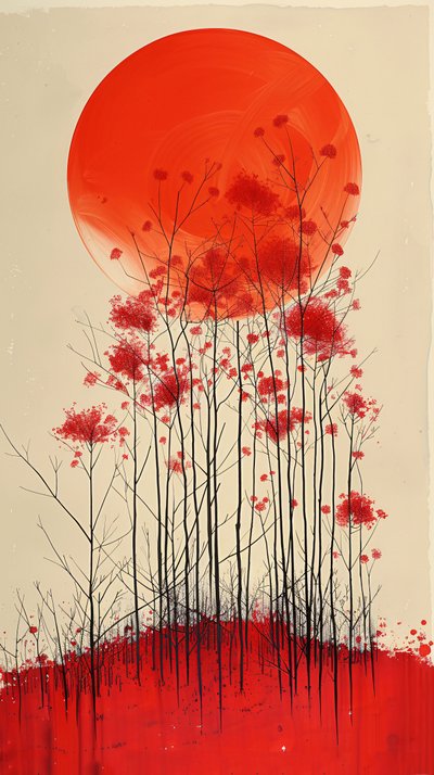Tableau Coucher de soleil sur une colline de fleurs rouges, Décoration murale verticale à vendre - F. Abderrahim
