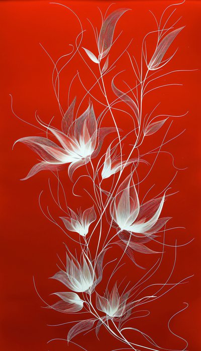 Dessin au trait blanc de plantes et de fleurs sur fond rouge vif, décoration murale - F. Abderrahim