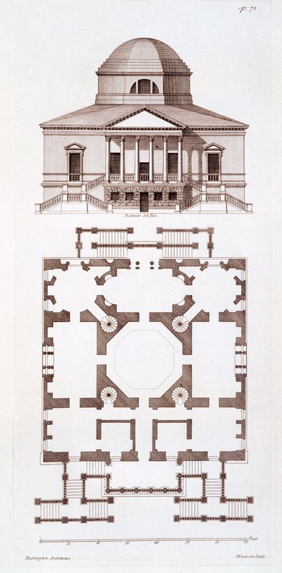 Plan et élévation de Chiswick House, gravure réalisée par Herisset, vers 1720 - 3rd Earl of Burlington