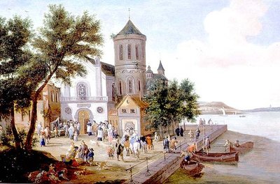 Paysage côtier avec figures sur une place d
