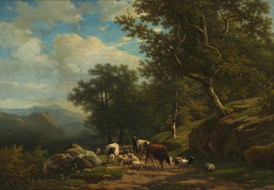 Paysage avec un paysan et son troupeau - A.J. Daiwaille