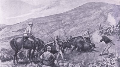Difficultés de transport à Barberton : Comment les canons et les chariots ont été montés sur les montagnes, illustration de Après Pretoria : La guerre de guérilla, 1902 - A. C. Ball
