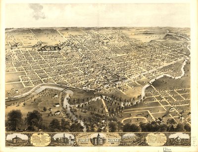 Vue aérienne de la ville de Fort Wayne, Indiana 1868. LOC 73693381 - A.; Chicago Lithographing Co. Ruger