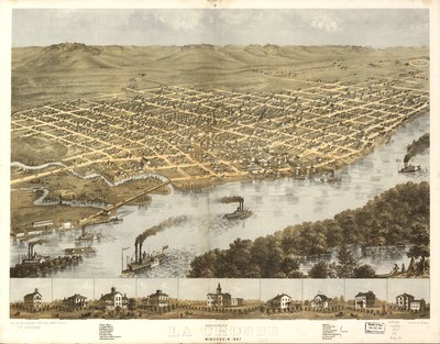 Vue aérienne de la ville de La Crosse, Wisconsin 1867. LOC 73694545 - A.; Chicago Lithographing Co. Ruger