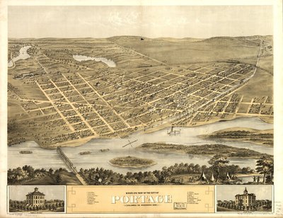 Vue aérienne de la ville de Portage, Columbia Co., Wisconsin 1868. LOC 73694548 - A.; Chicago Lithographing Co. Ruger