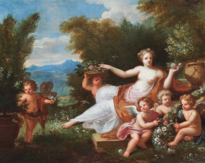 Flore allongée dans un paysage avec des putti apportant des fleurs. (huile sur toile) - A. Diennen