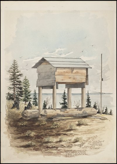 Dessins représentant le lieu de sépulture de "Cadunce" un Indien Chippewa "Homme Médecine", une peinture de sable Navajo et des peintures sur pierre Crow - A. Grossman