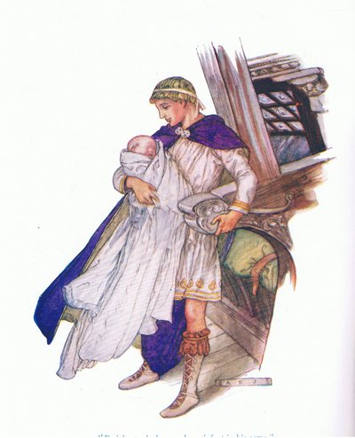 Périclès prit le nouveau-né dans ses bras (Périclès, Prince de Tyr), de Contes de Shakespeare pub. par Ward Lock & Co Ltd - A. Jackson