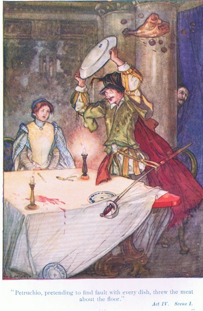 Pettruchio, prétendant trouver à redire à chaque plat, jetait la viande par terre (La Mégère apprivoisée), de Contes de Shakespeare pub. par Ward Lock & Co Ltd - A. Jackson