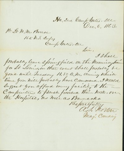 Lettre signée A.S. Norton, Major Commandant, Quartier Général, Camp Yates, Ill., au 1er Lieutenant W.M. Breese, 16e Infanterie U.S., Camp Gates, Ill., 6 décembre 1863 - A. S. Norton