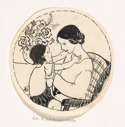 Fille sur les genoux de sa mère - A. Tinbergen (signed by artist)