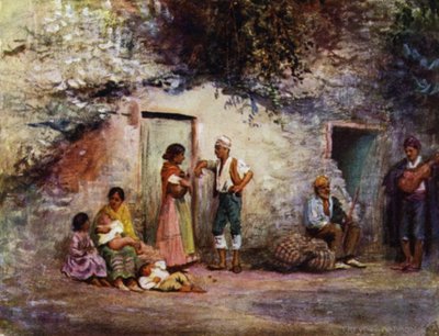 Grenade, Gitans aux portes de leurs grottes (lithographie en couleur) - A. Trevor Haddon
