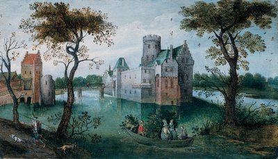 Un château entouré de douves avec des figures élégantes dans un bateau et un chasseur avec ses chiens sur un chemin au premier plan - Abel Grimmer or Grimer