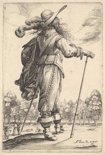Un gentleman, vu de dos, marchant vers la droite avec une canne et portant un chapeau à plumes - Abraham Bosse