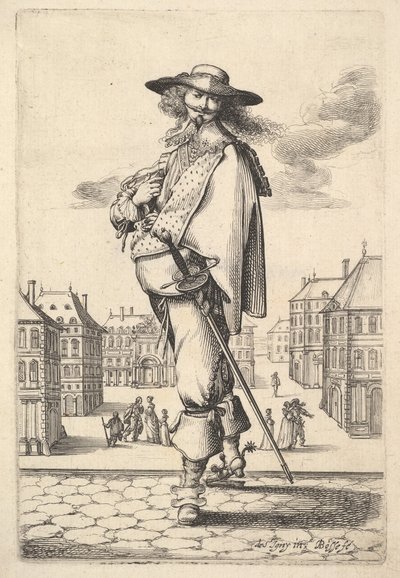 Un gentleman, tourné aux trois quarts vers la gauche, portant un chapeau et des bottes avec éperons, portant..., 1629 - Abraham Bosse
