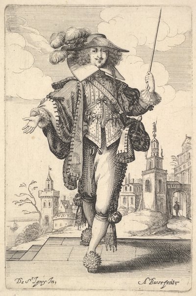 Un gentleman marchant en avant, avec son bras droit tendu et un fouet dans la main gauche, 1629 - Abraham Bosse