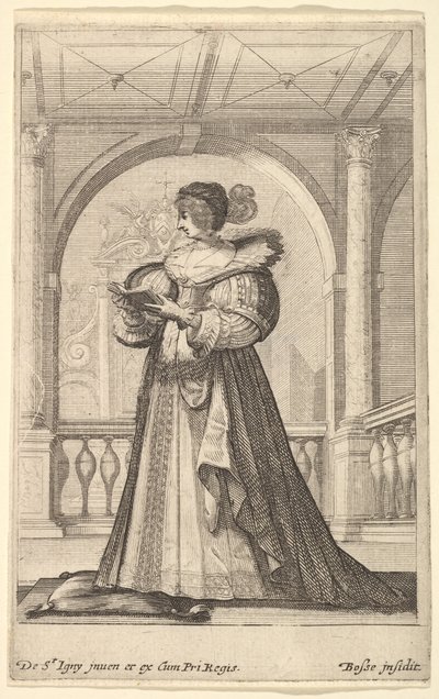 Une femme debout, de profil vers la gauche, portant un chapeau et un col en dentelle, lisant..., vers 1629 - Abraham Bosse