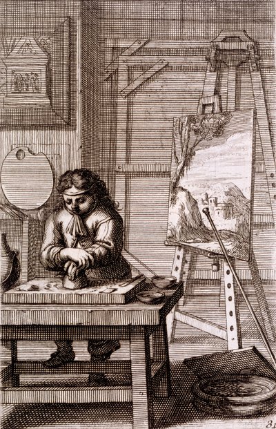 Un apprenti artiste nettoyant une plaque de gravure, de 