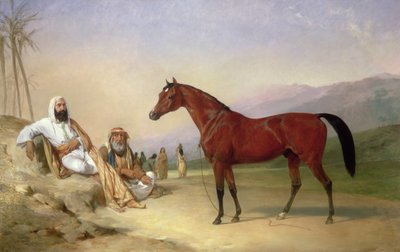 Deux Bédouins avec un étalon arabe bai dans le désert - Abraham Cooper
