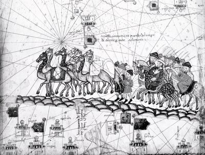 Ms Esp 20 panneau 4, Marchands voyageant vers Cathay, Chine, suivant les traces de Marco Polo, détail montrant la famille de Marco Polo voyageant en caravane de chameaux, de l