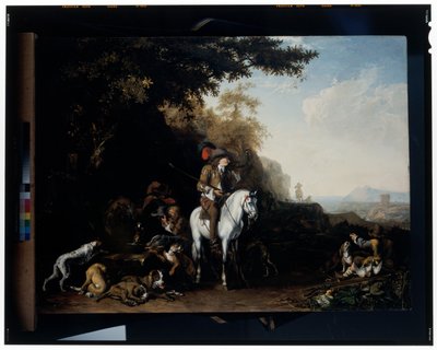 Un vaste paysage avec une partie de chasse se reposant près d