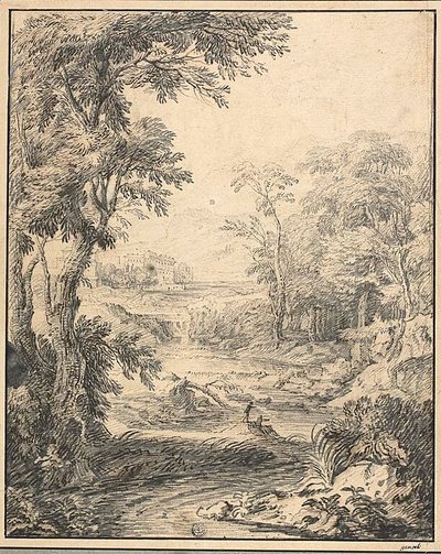 Paysage fluvial avec deux personnages au premier plan, château au loin - Abraham Genoels II