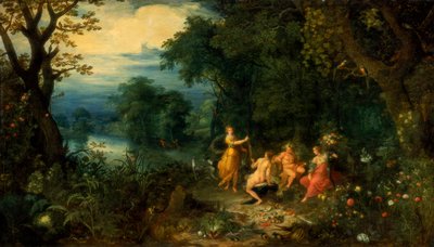 Un paysage avec bois, Diane offre un lièvre à une nymphe, Silène et Cérès au premier plan, vers 1614 - Abraham Govaerts