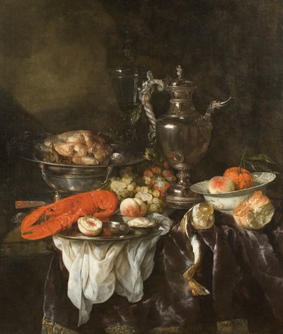 Nature morte avec un homard, des fruits, de l