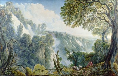 Les chutes de Tivoli avec un homme assis sous le temple de la Sibylle - Abraham Louis Rudolph Ducros