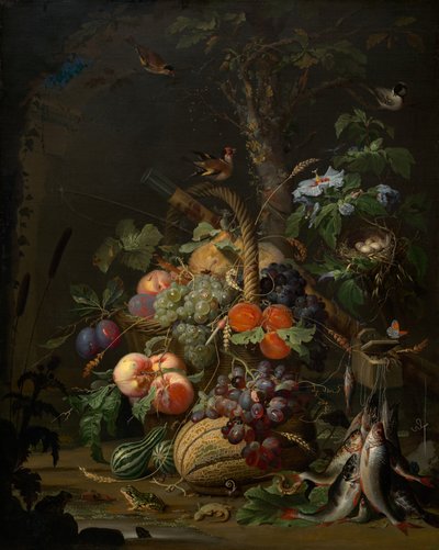 Nature morte avec fruits, poisson et nid - Abraham Mignon