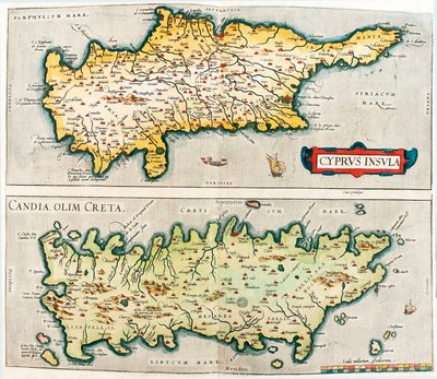 Cyprus Insula - Candia, olim Creta Carte géographique des îles méditerranéennes de Chypre et de Crète en Grèce du "Theatrum Orbis Terrarum" d