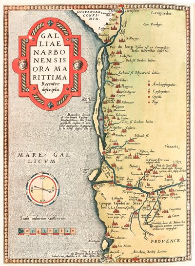 Galliae Narbonensis ora Marittima Recenter descripta Carte géographique du territoire de Narbonne allant de la ville de Narbonne à Marseille via Béziers, Montpellier, Arles... tirée de « Theatrum Orbis Terrarum » par Abraham Ortelius (Oertel, Ortell ou Ort - Abraham Ortelius