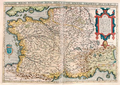 Galliae regni potentiss. nova descriptio. Ioanne Ioliveto auctore. Carte géographique du territoire de la Gaule (France) du "Theatrum Orbis Terrarum" par Abraham Ortelius (Oertel, Ortell ou Ortel) - Abraham Ortelius
