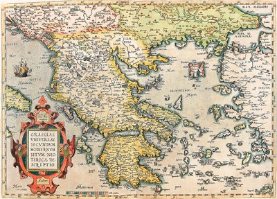 Graeciae Universae Secundum Hodiernum Neoterica Descriptio. Carte géographique du territoire de la Grèce avec le Péloponnèse et les îles tirée du "Theatrum Orbis Terrarum" par Abraham Ortelius (Oertel, Ortell ou Ortel) - Abraham Ortelius